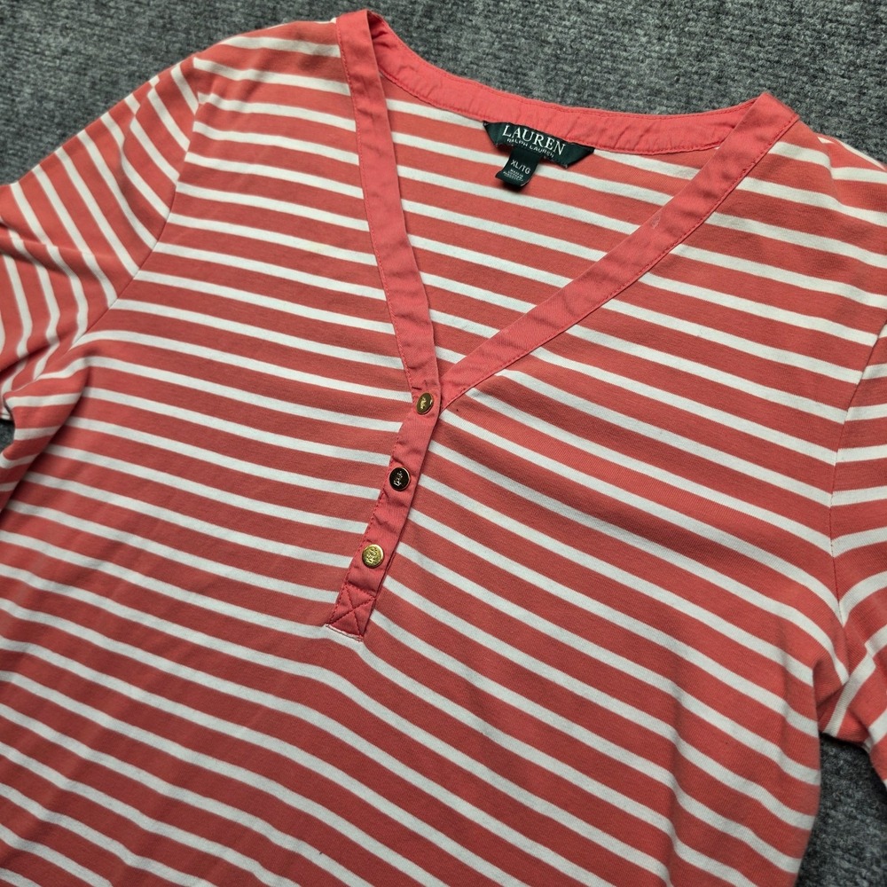 Lauren Ralph Lauren Top XL Womens Pink White Striped Gold Button V-Neck Henley